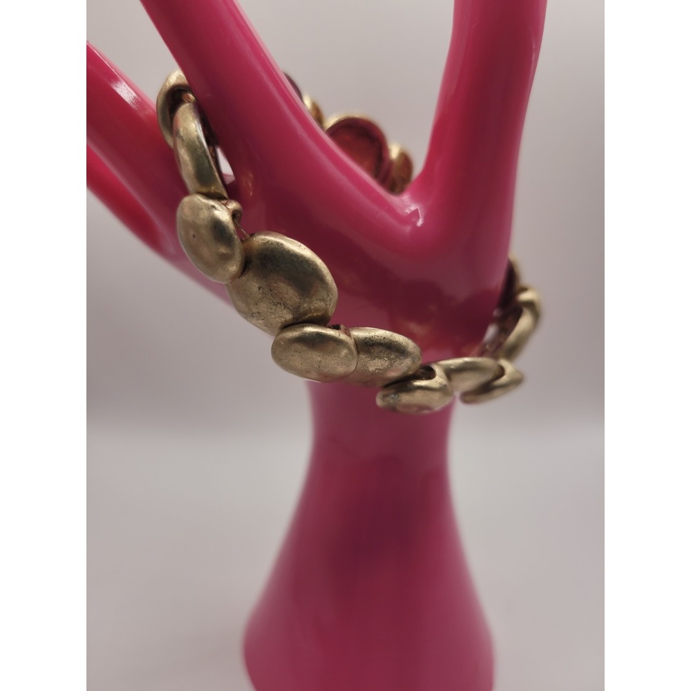 Gold Tone Hammered Pebble Link Stretch Bracelet Organic Modernist Statement
